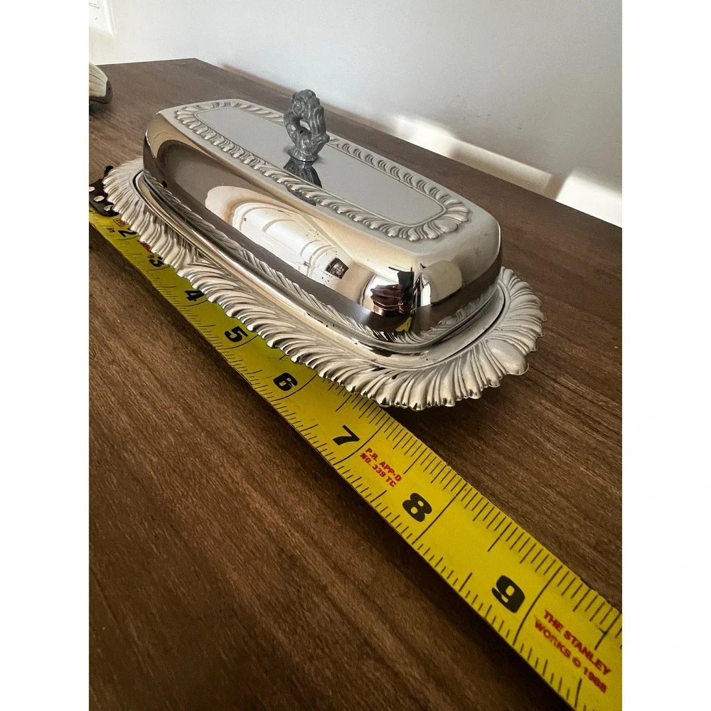 Vintage Chrome Butter Dish with Domed Lid and Ornate Feathered Edge
